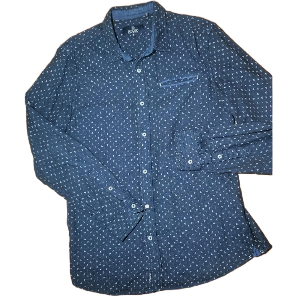 🦬 Buffalo David Bitton / Men's Cotton Twill Button Down Shirt \ Blue \ Medium ~
